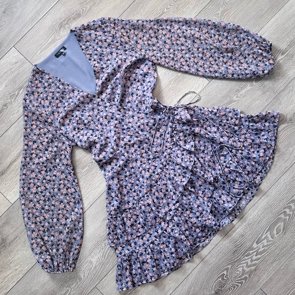 1. State Floral Ruffle Balloon Sleeve Mini Wrap Dress - Picture 4 of 16